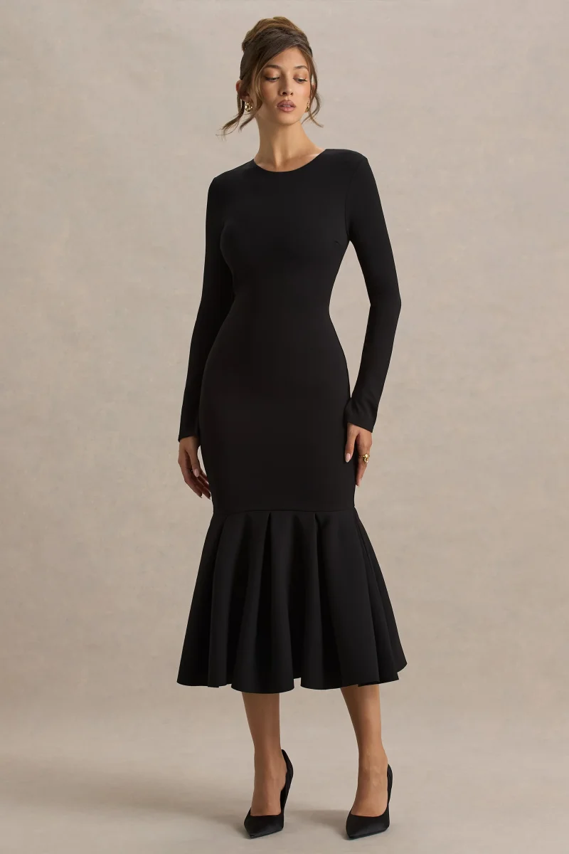 Liberty | Vestido midi negro con mangas largas y bajo con volante - Imagen 5