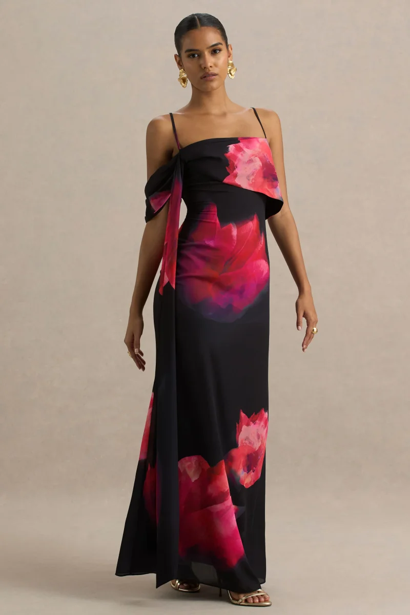 Leonara | Vestido largo con detalle de flor rojizas y una manga drapeada - Imagen 5