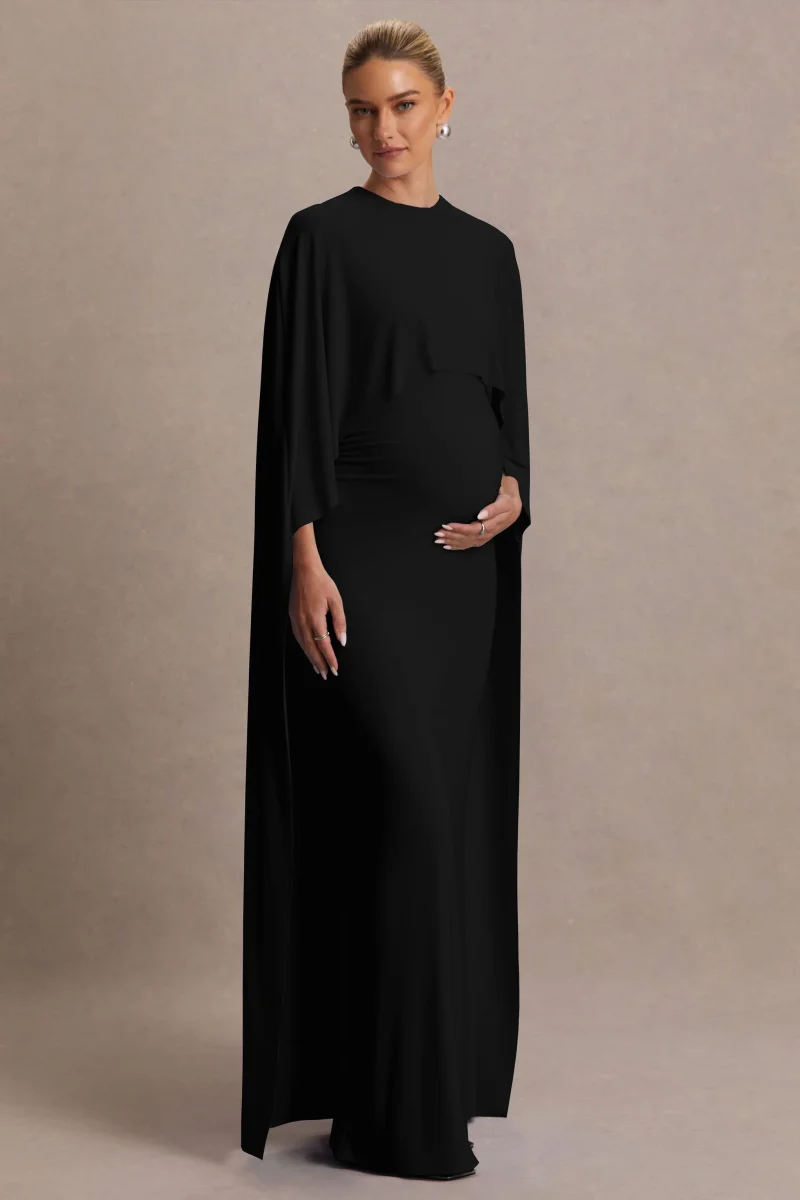 Padma | Vestido Largo Premamá Negro Drapeado con Mangas Capa - Imagen 6