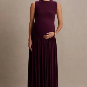 Outline | Vestido Largo Premamá Burdeos de Cuello Alto con Falda Drapeada