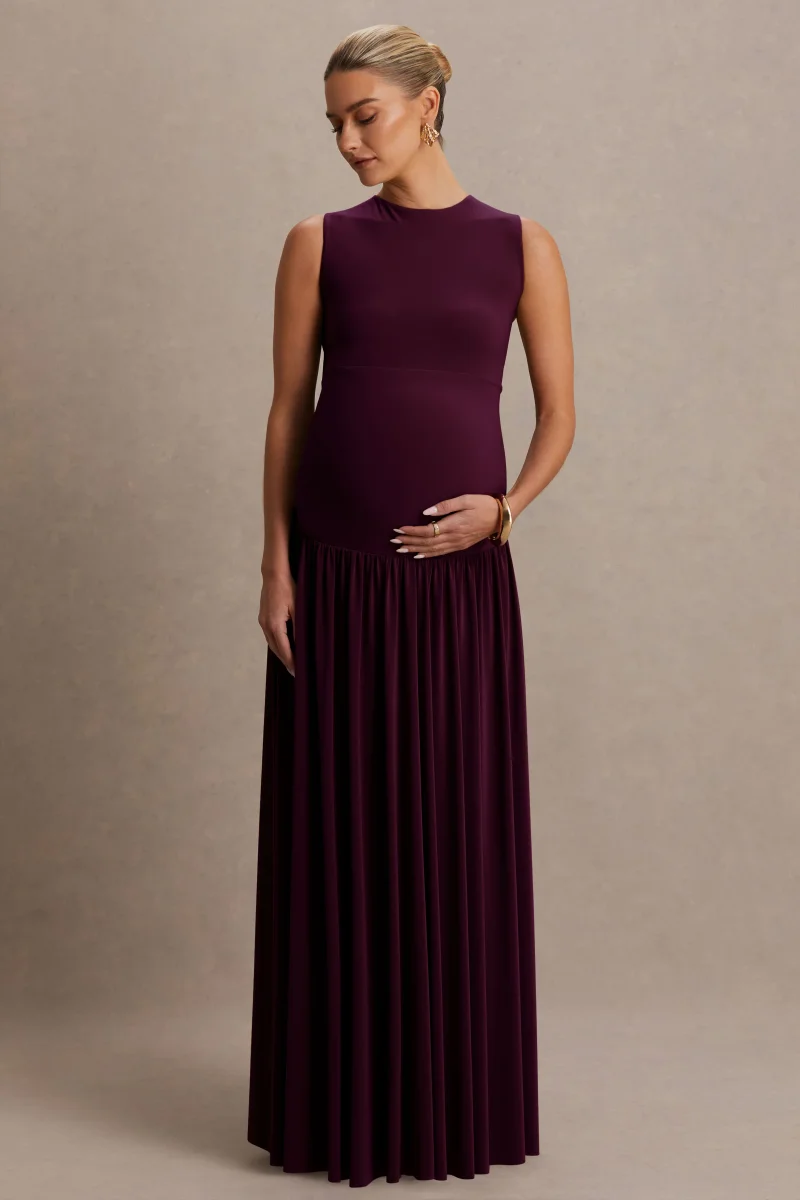 Outline | Vestido Largo Premamá Burdeos de Cuello Alto con Falda Drapeada - Imagen 2