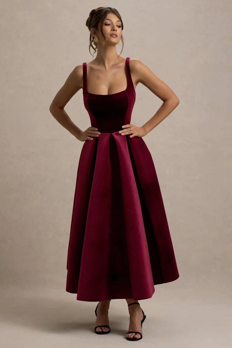 Francisca | Vestido midi de terciopelo burdeos con falda plisada - Imagen 6
