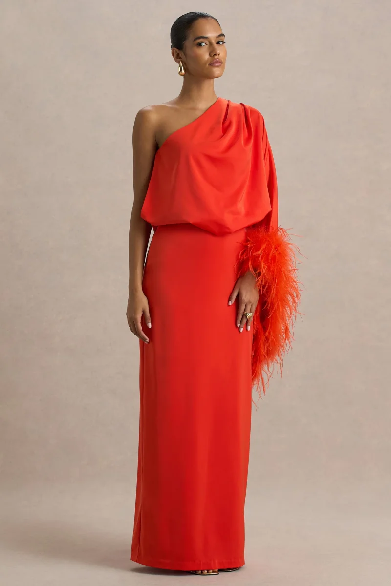 Felicity | Vestido Largo naranja de satén con escote asimétrico con plumas y detalles fruncidos - Imagen 4