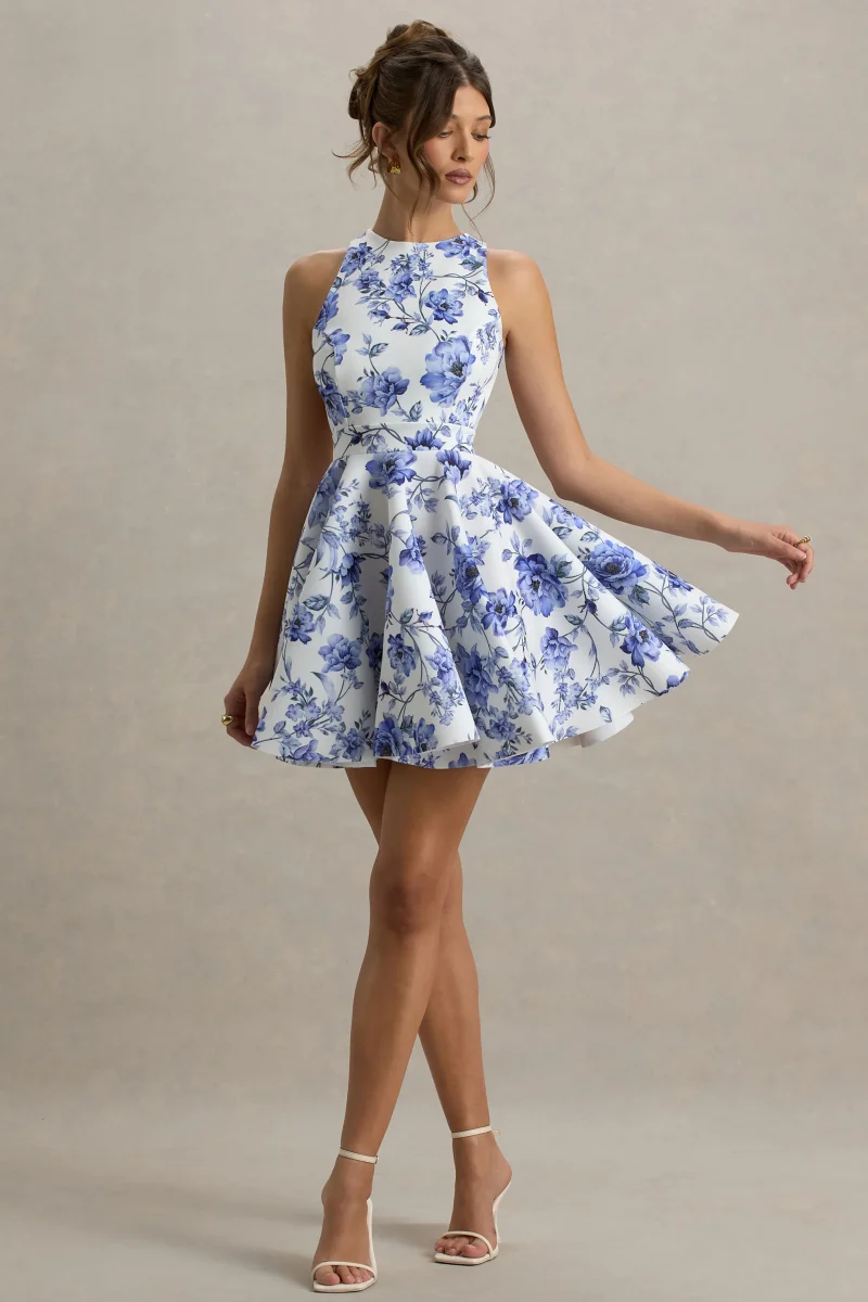 Waverly | Vestido corto con estampado floral con espalda abierta y falda skater - Imagen 6