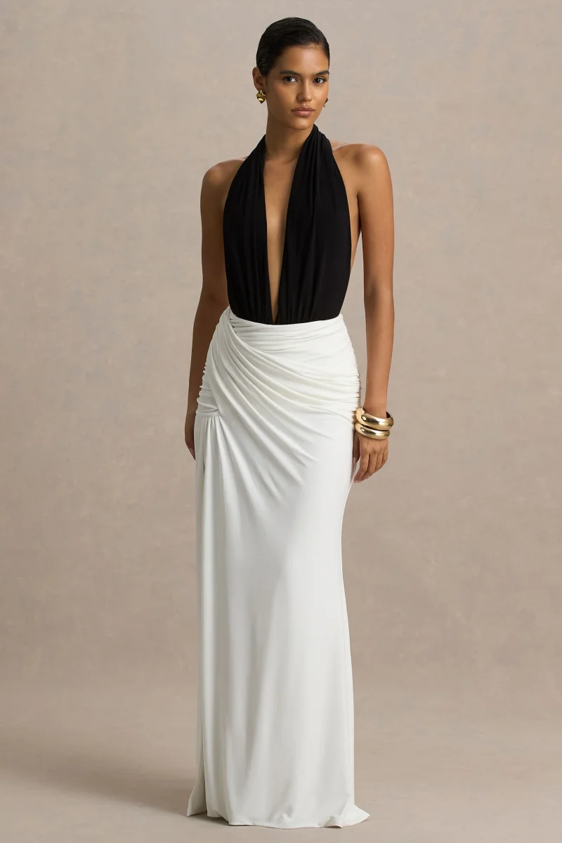 Tilly | Vestido Cruzado Largo Negro Y Blanco Con Escote Profundo Extremo Y Detalles Fruncidos - Imagen 5
