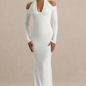 Living High | Vestido largo Blanco con Cuello Halter y Mangas Largas.
