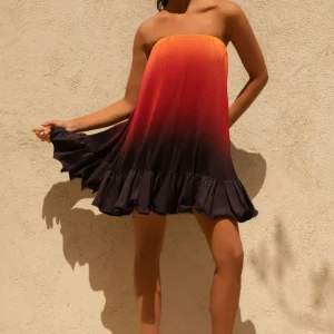 Tropical | Vestido corto de Satén Naranja ombré con Dobladillo con Volantes
