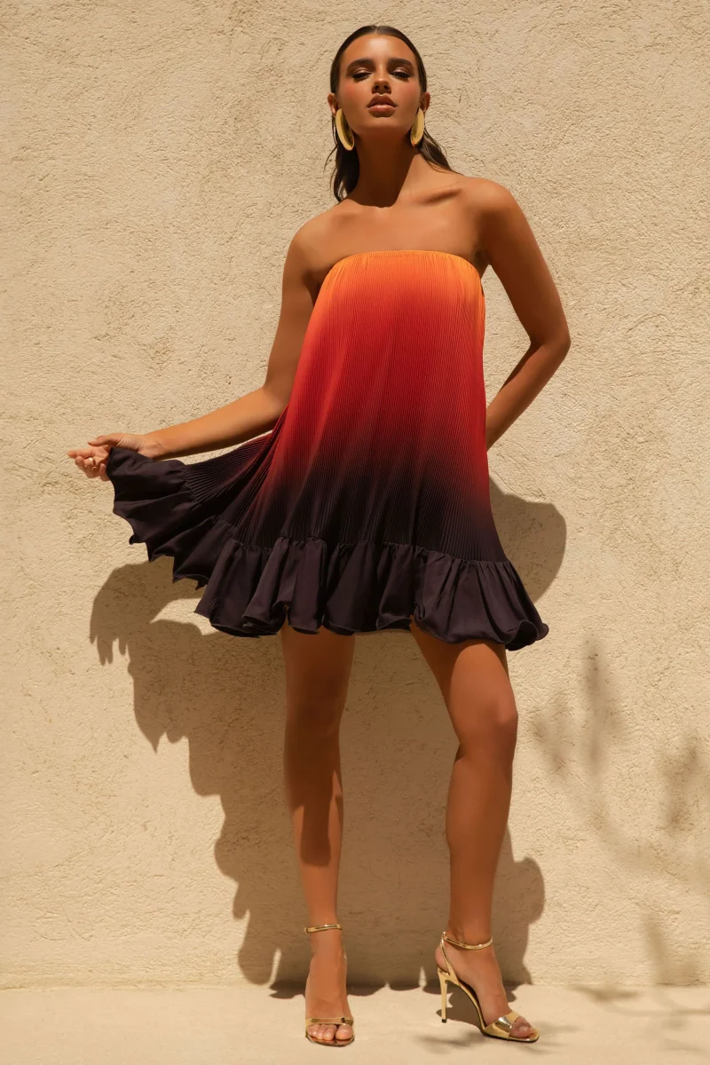 Tropical | Vestido corto de Satén Naranja ombré con Dobladillo con Volantes - Imagen 2