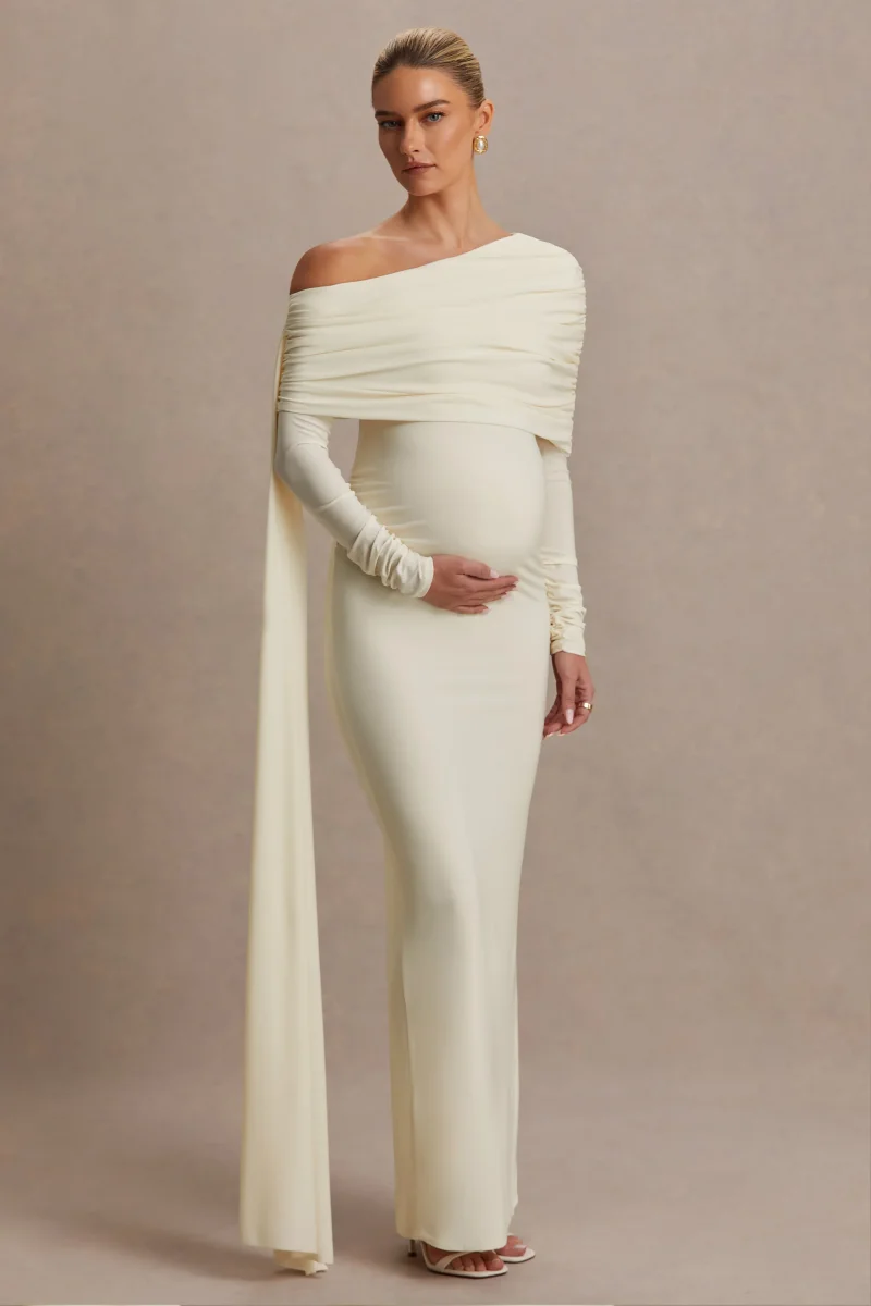 Cyra | Vestido largo crema con escote asimétrico y fajín - Imagen 6