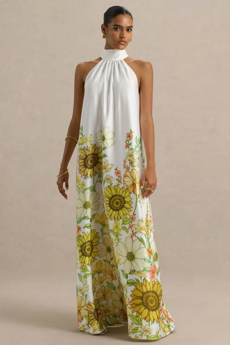 Glide | Vestido largo satinado con detalle de cuello con lazo y estampado de girasoles - Imagen 6