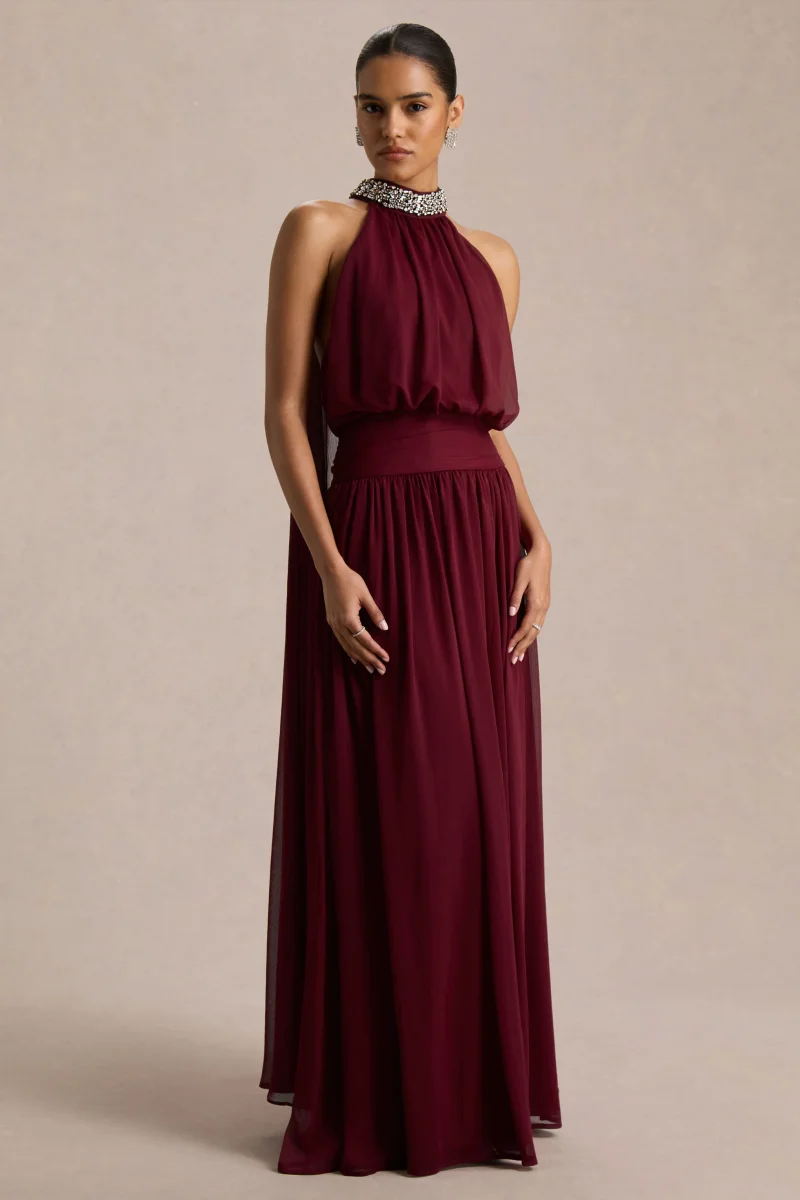 Marie | Vestido largo burdeos con escote halter y detalles adornados - Imagen 5