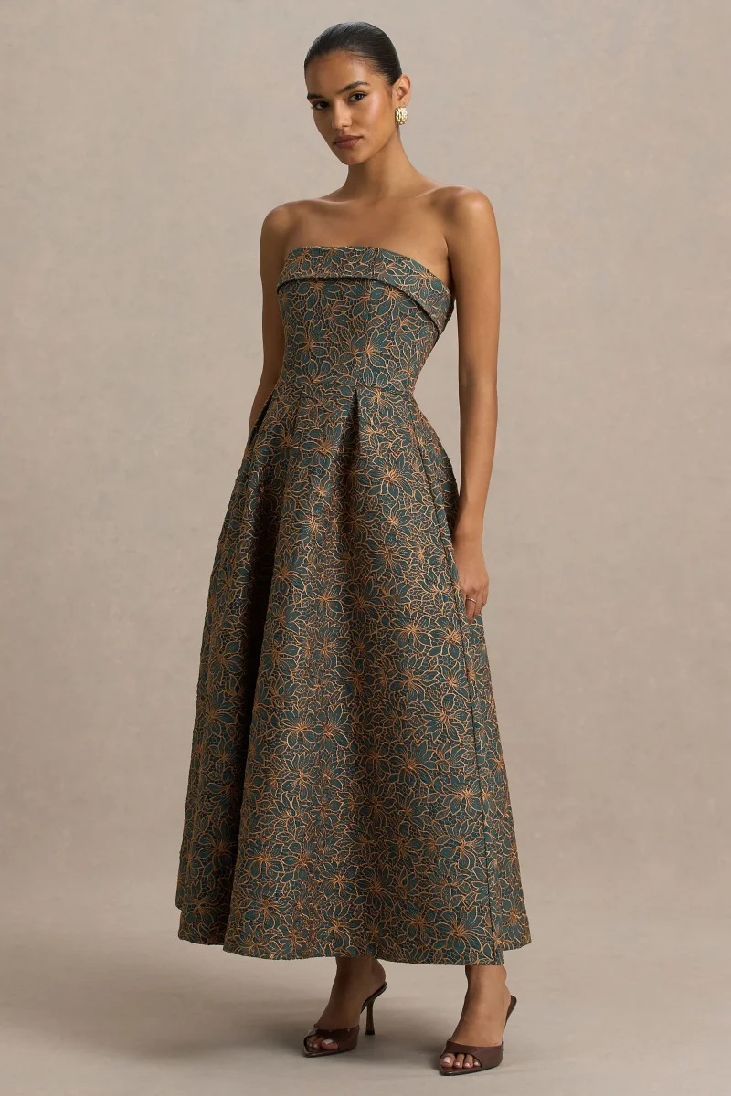 Loretta | Vestido midi bordado en verde oscuro y óxido con escote bandeau - Imagen 6