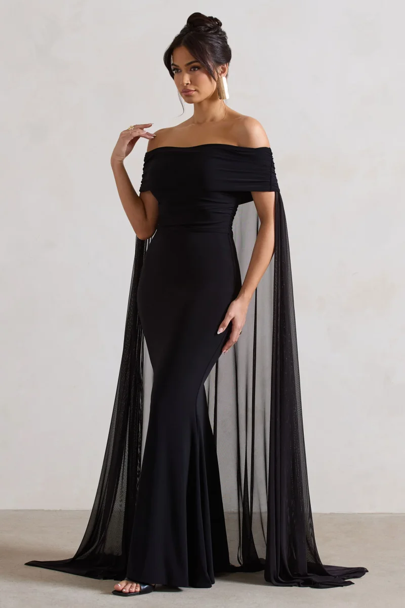 Carlotta | Vestido largo negro ajustado con capa de gasa y escote bardot - Imagen 6