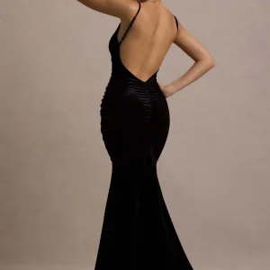 Adele | Vestido Largo Cola de Sirena con Tirantes y Fruncido de Terciopelo Negro