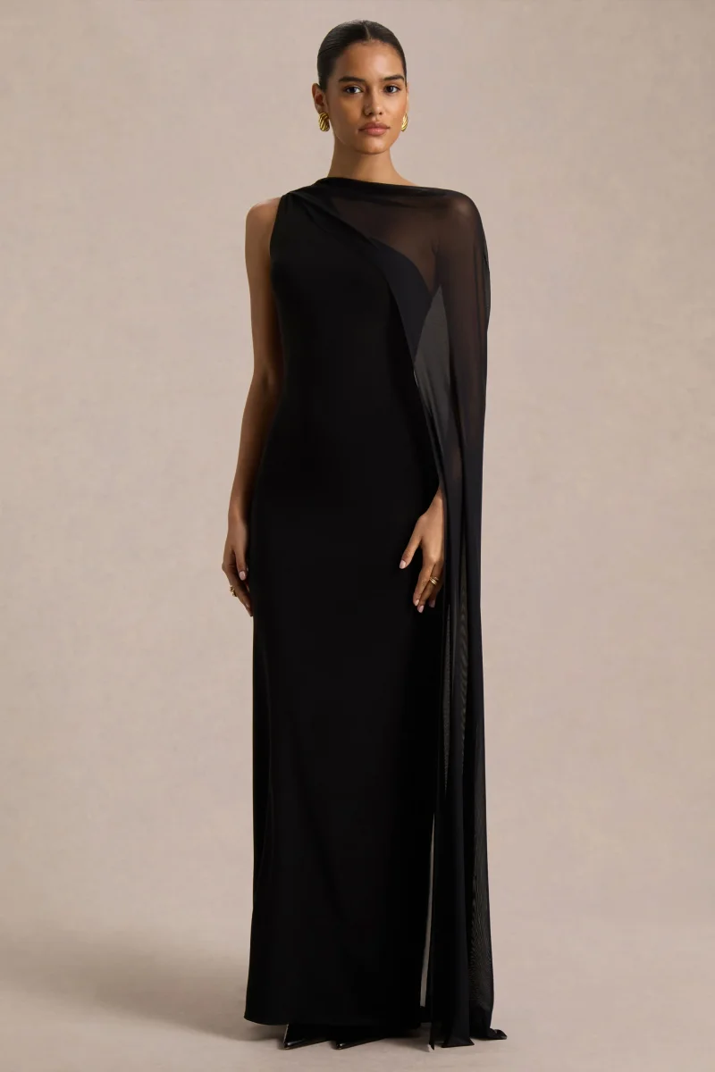 Mirelle | Vestido Largo negro con escote asimétrico y manga-capa transparente - Imagen 6