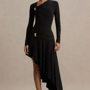 Alexia | Vestido Largo Negro De Escote Asimétrico Con Apliques y Detalle Fruncido