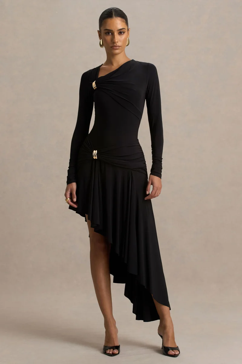 Alexia | Vestido Largo Negro De Escote Asimétrico Con Apliques y Detalle Fruncido - Imagen 2