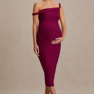 Salome | Vestido premamá midi burdeos con escote asimétrico drapeado