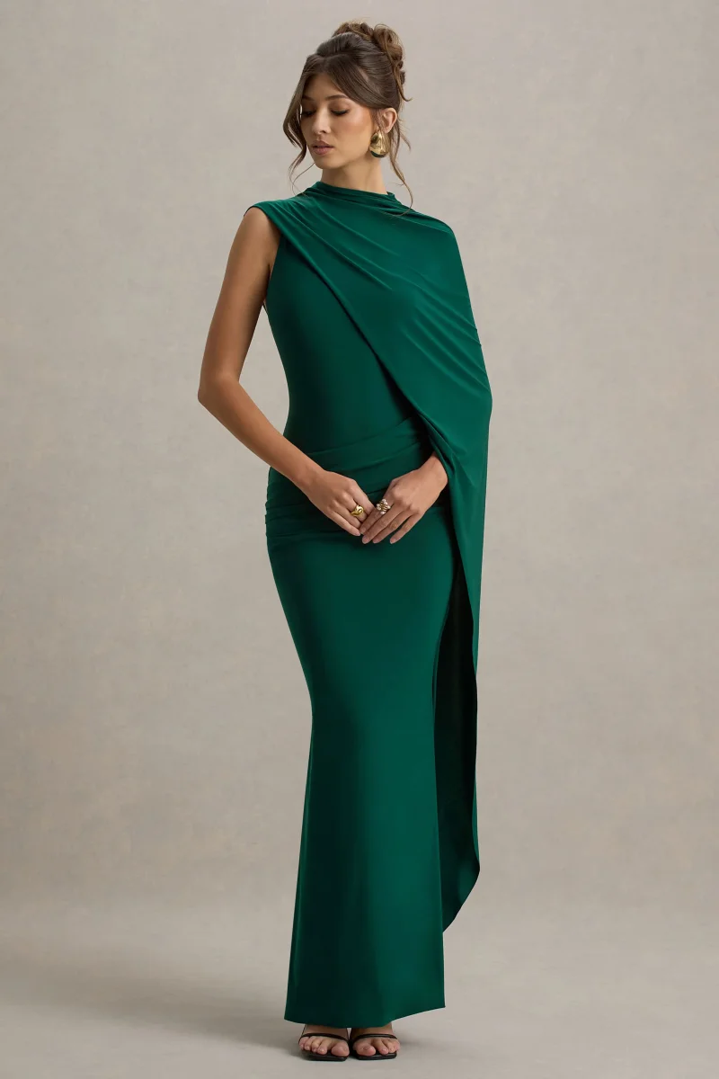 Maeve | Vestido largo Verde Botella con Manga Capa Drapeada - Imagen 5