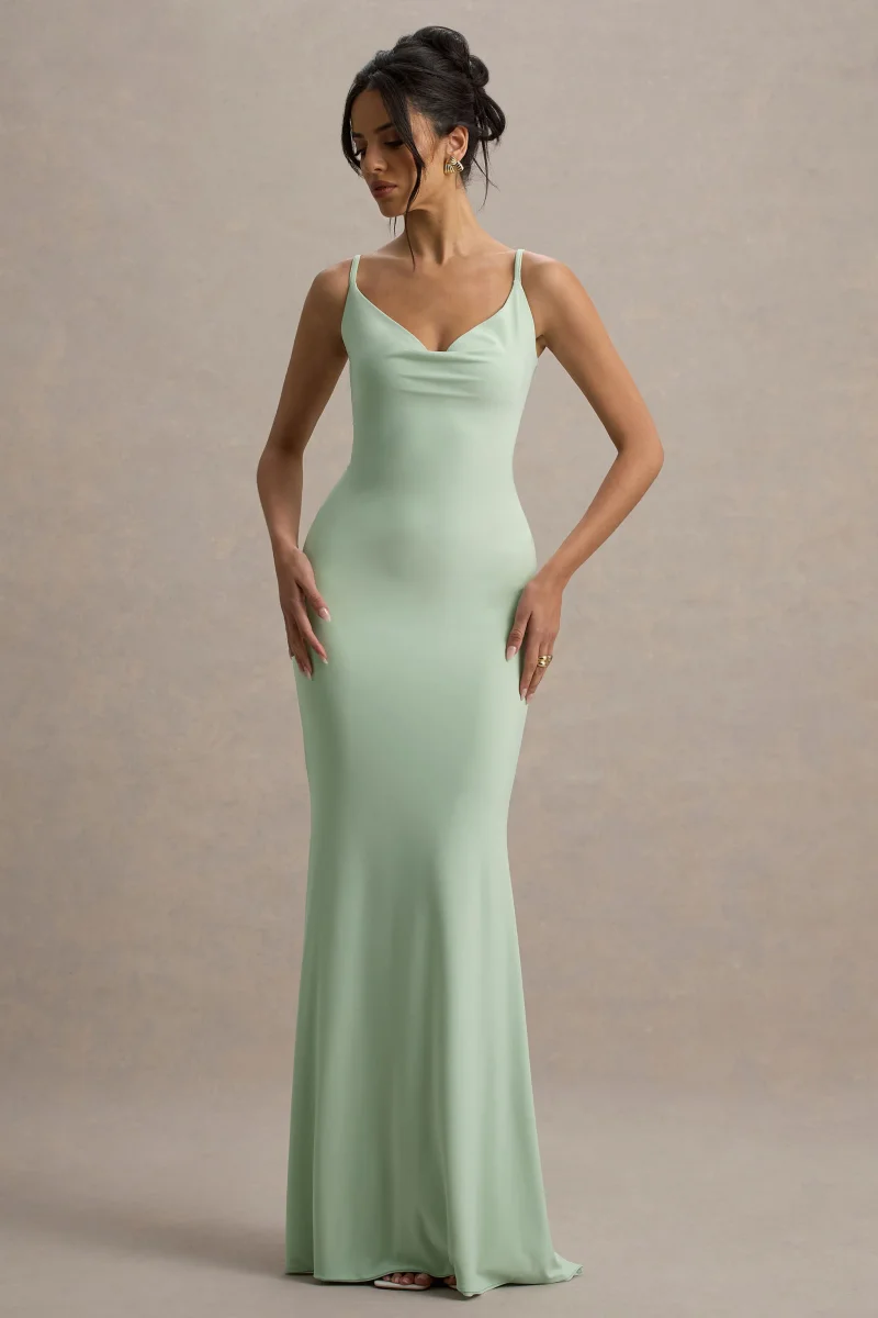 Francoise | Vestido largo Verde Claro con Escote Drapeado y Espalda Descubierta con Encaje - Imagen 7