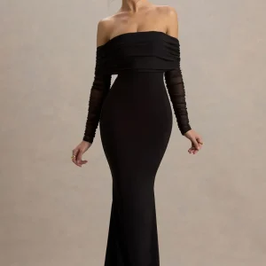 Madeleine | Vestido largo Negro  ajustado al cuerpo con mangas largas de malla y escote bardot