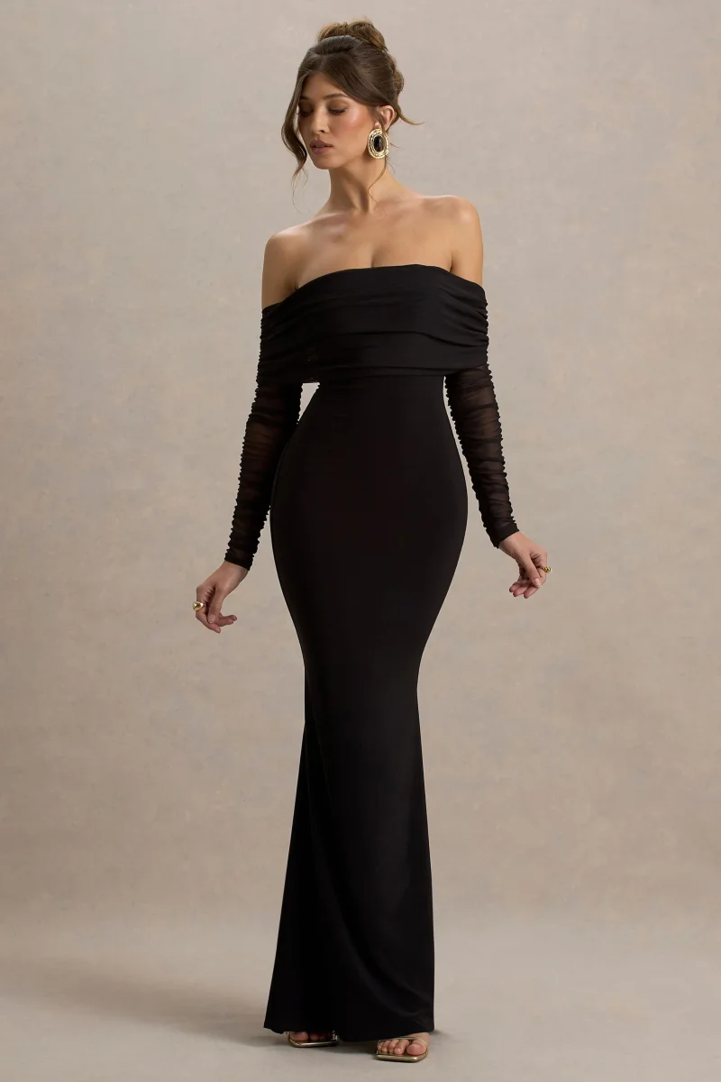 Madeleine | Vestido largo Negro ajustado al cuerpo con mangas largas de malla y escote bardot