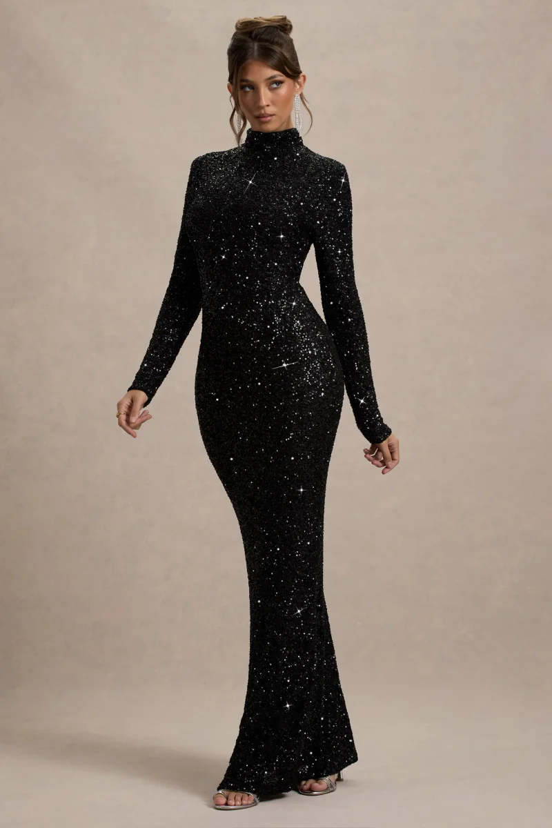 Galaxy | Vestido largo Negro de Lentejuelas con Cuello Alto y Manga Larga - Imagen 5