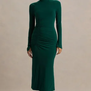 Cassandra | Vestido Midi en Verde Botella de Manga Larga y fruncidos