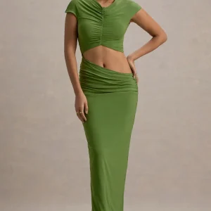 Pia | Vestido largo Verde de Manga Corta con Abertura