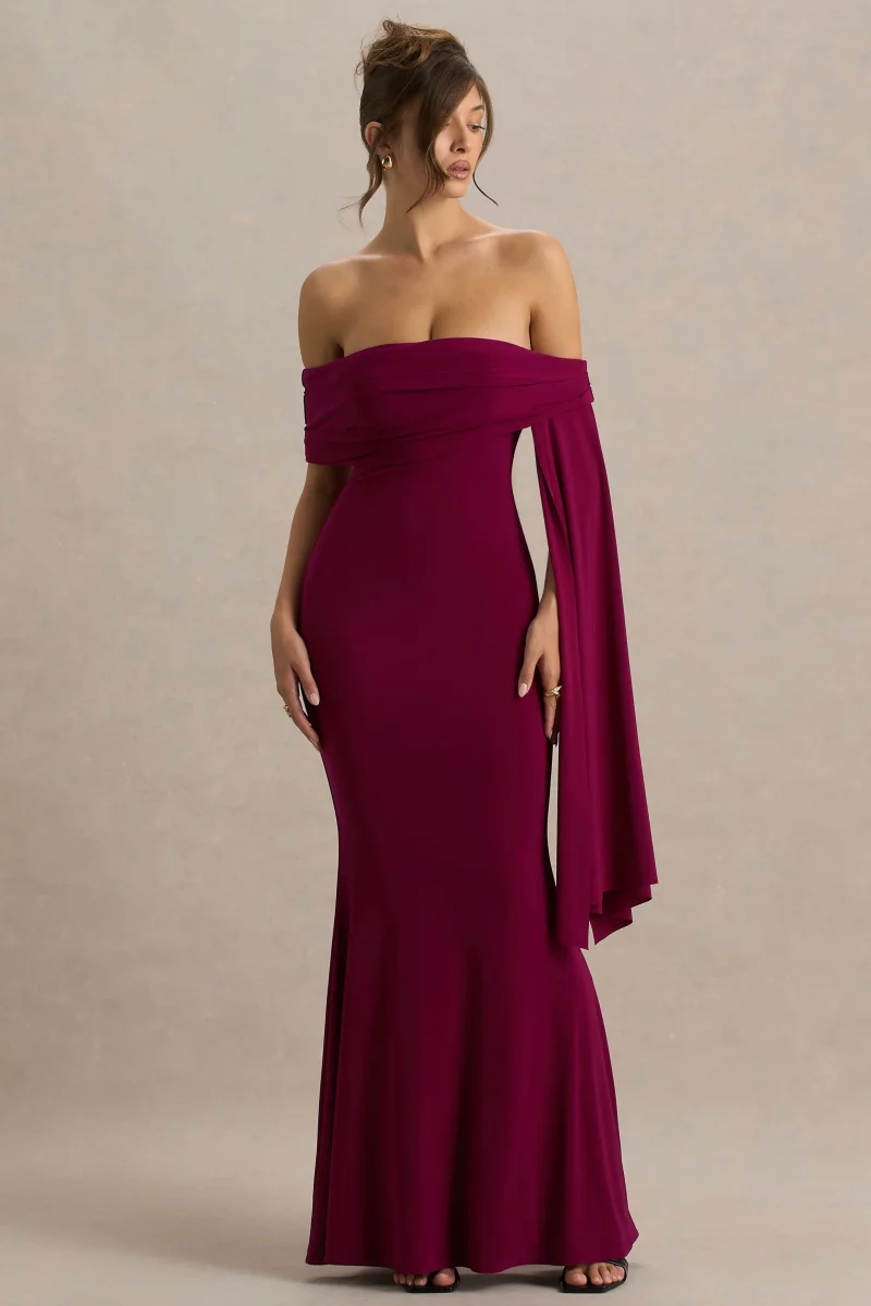Saffina | Vestido Largo Burdeos con Escote Bardot y Detalle de Fajín - Imagen 5