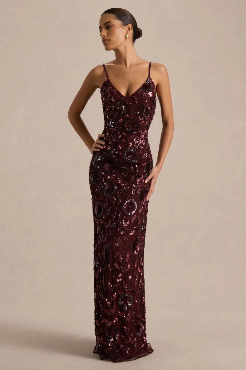 Gemini | Vestido Largo burdeos con estampado floral embellecido y tirantes - Imagen 5