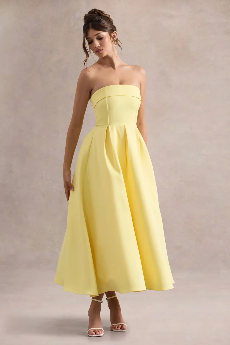 Annalise | Vestido midi en amarillo limón con escote bandeau y falda plisada - Imagen 5