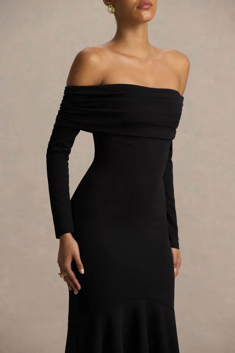 Everlasting | Vestido Largo Negro de Escote Bardot con Cintura Caída - Imagen 6