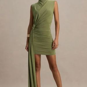 Sorenna | Vestido Corto Oliva de Cuello Alto con Detalle Cruzado y Cinta Larga
