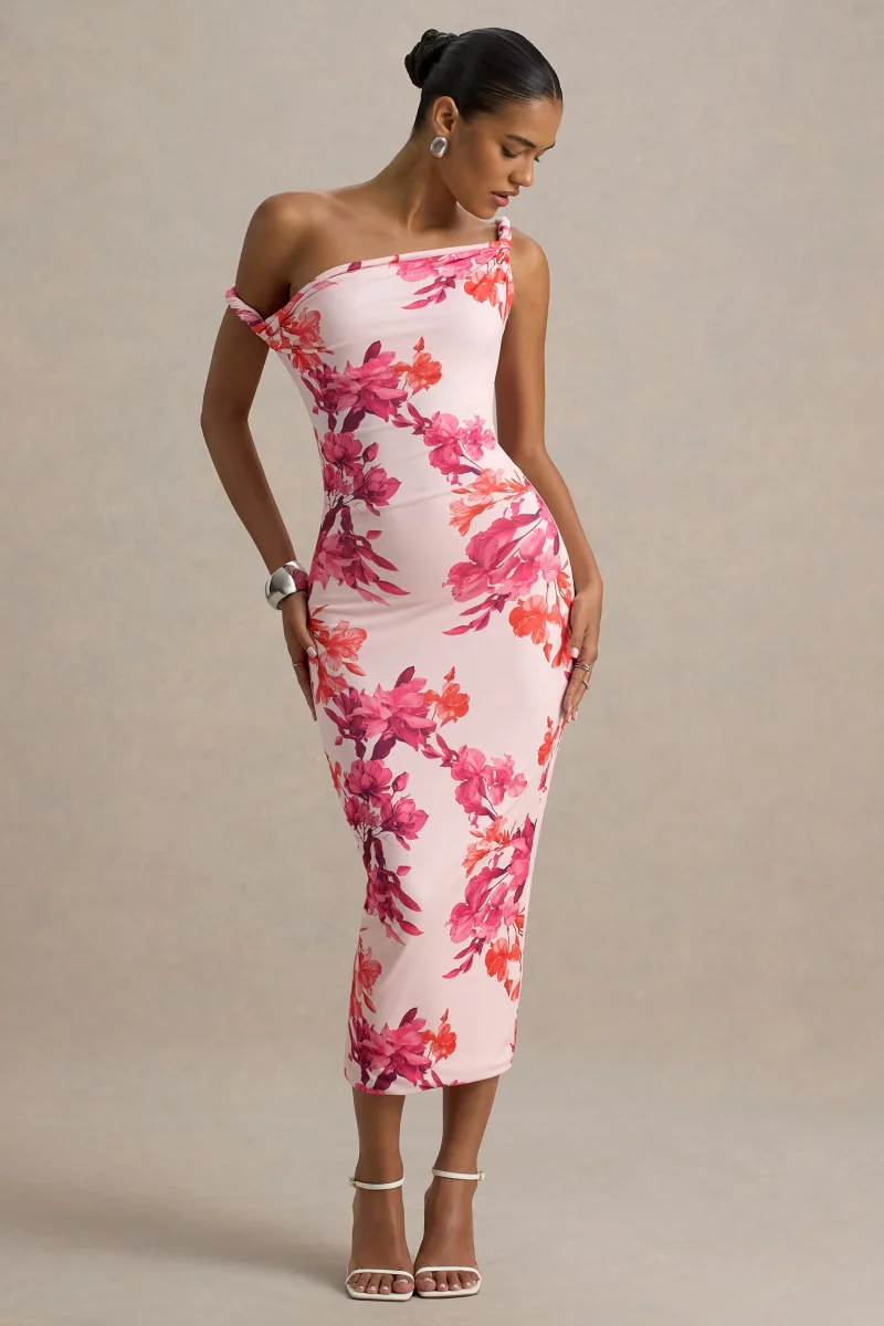 Tatian | Vestido midi entallado con escote asimétrico y estampado floral rosado - Imagen 6