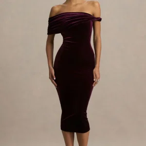 Billie | Vestido Midi de Terciopelo Burdeos con Escote Bardot y Manga Retorcida