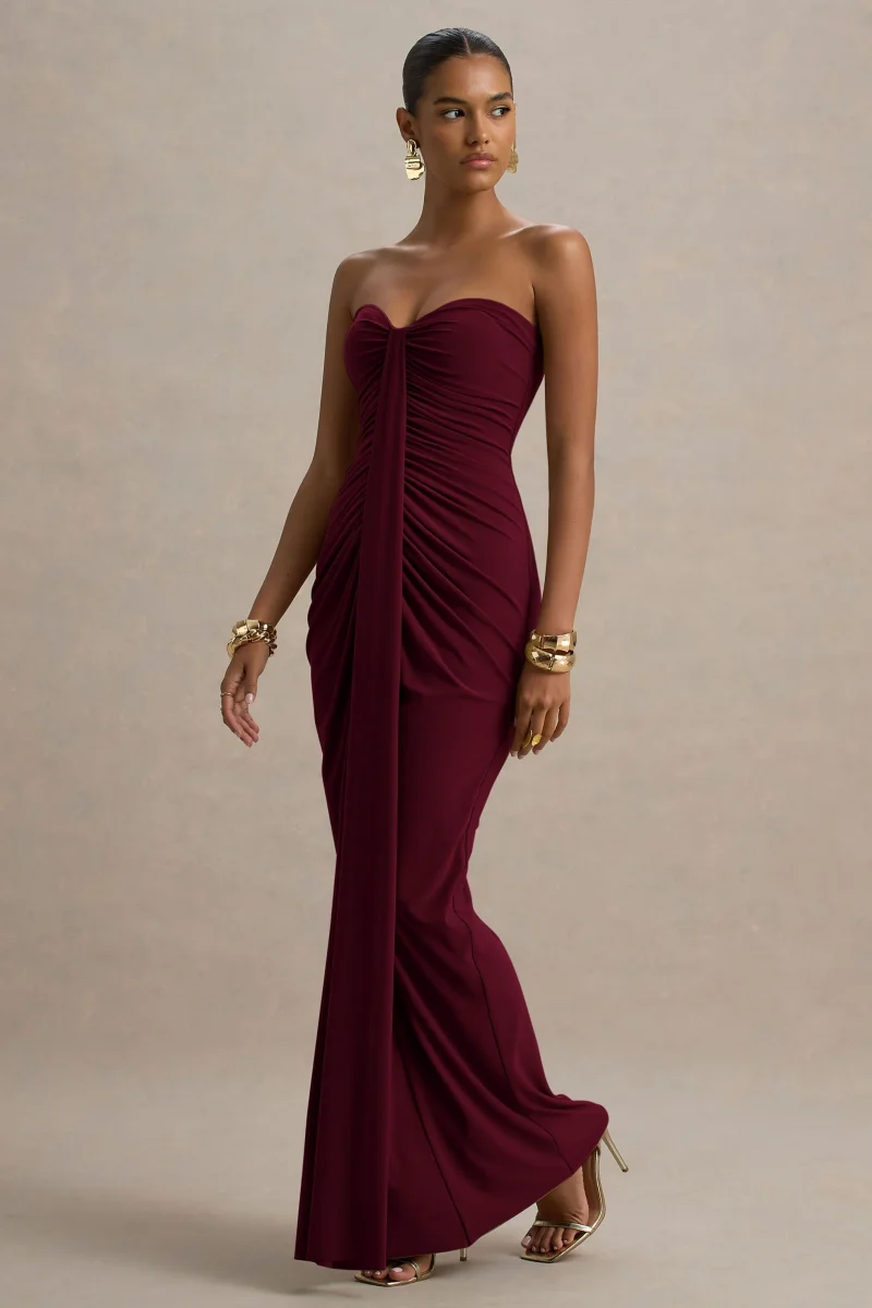 Ali | Vestido Largo Burdeos con Escote Corazón, Drapeado y Lazo - Imagen 5