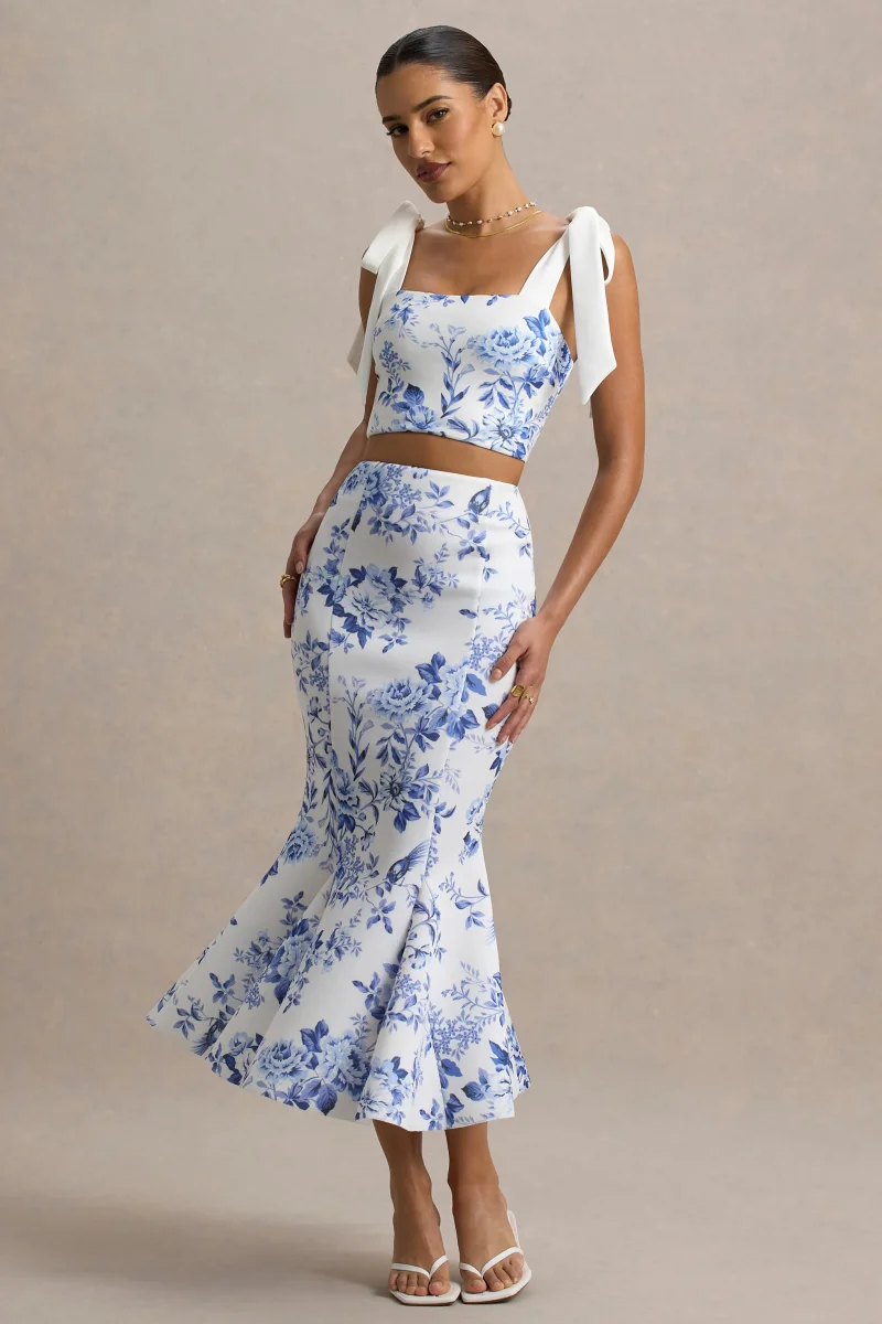 Amadea | Falda midi ajustada de talle alto con estampado de porcelana azul - Imagen 7