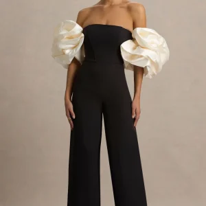 Panama | Mono Negro Con Escote Bardot y Mangas Abullonadas en Crema