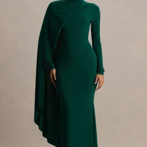 Always | Vestido Largo Verde Botella con Escote Alto y Detalle de Manga Capa