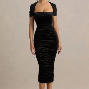 Chrissy | Vestido Midi de Terciopelo Negro con Escote Cuadrado Mangas de Malla y Detalles Fruncidos