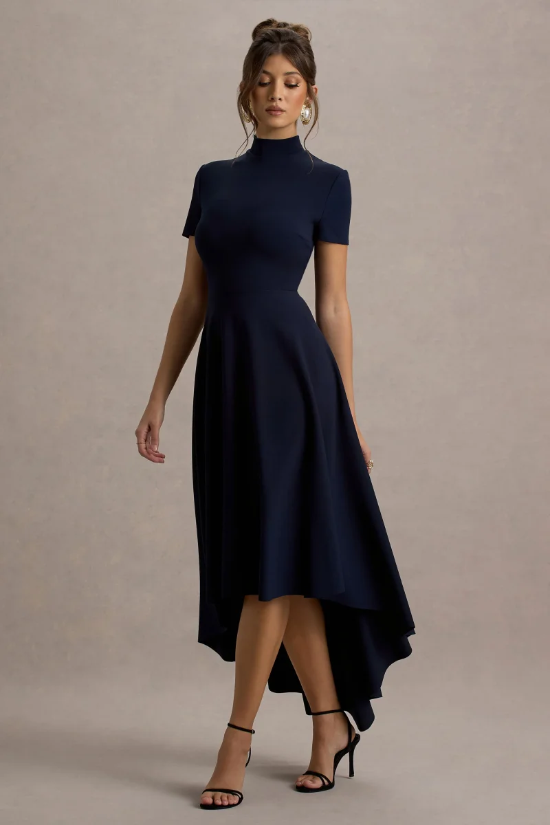 Bellona | Vestido midi azul marino con mangas cortas y falda asimétrica - Imagen 6