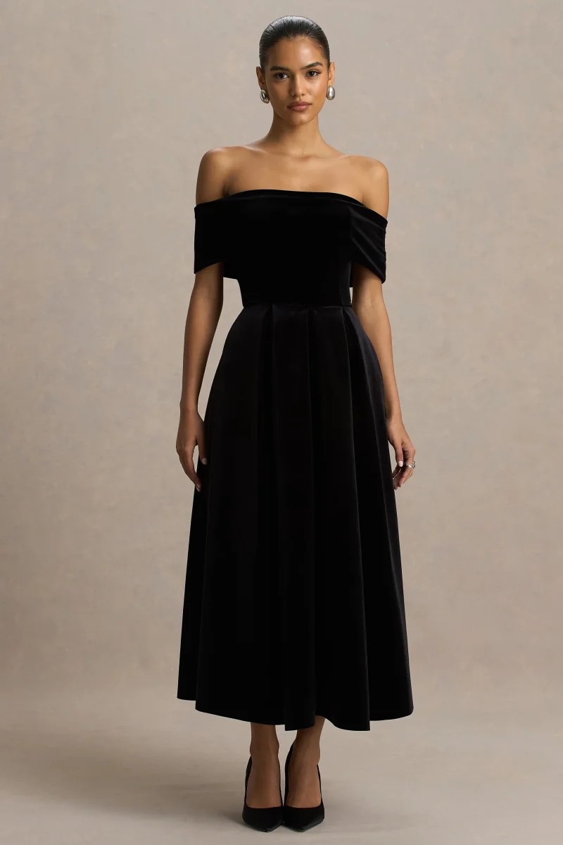 Ablaze | Vestido Midi Negro Con Escote Bardot - Imagen 4