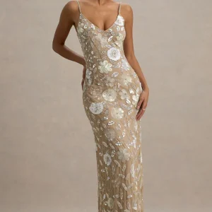 Gecorto | Vestido largo con Tirantes finos y Estampado Floral Embellecido de lentejuelas