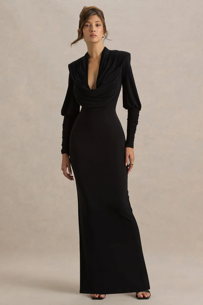 Kaylee | Vestido largo negro con mangas largas y escote profundo - Imagen 6
