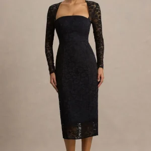 Alissa | Vestido midi de encaje negro con escote cuadrado