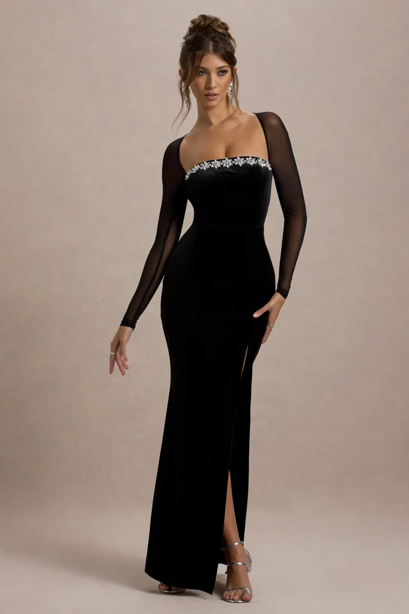 Ashby | Vestido Largo con escote cuadrado y abertura, adornado con terciopelo negro. - Imagen 2