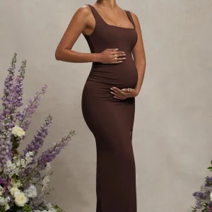 Avril | Vestido Largo de Maternidad Marrón con Escote Cuadrado y Abertura