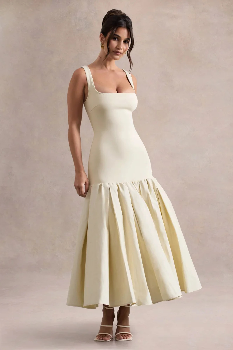 Parida | Vestido midi de popelina en crema con cintura caída y dobladillo con volante - Imagen 4
