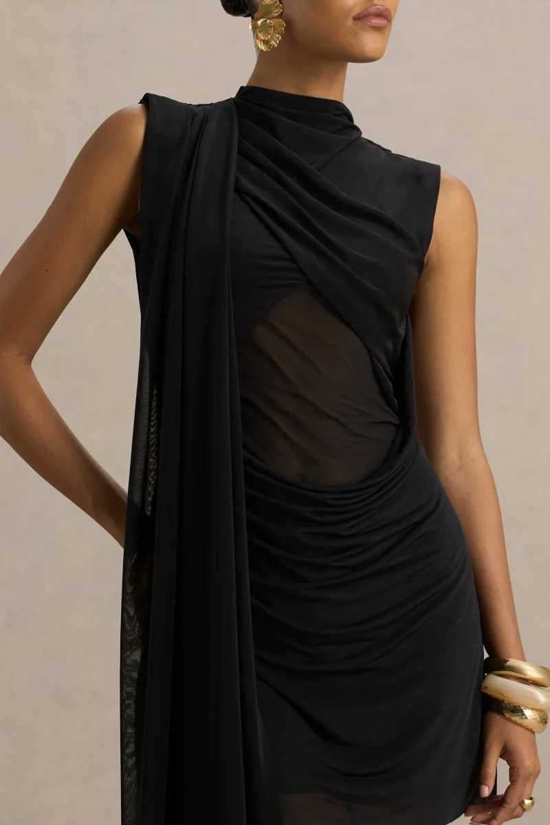 Riad | Vestido corto negro de gasa con cuerpo transparente y capa de mangas dobles. - Imagen 5